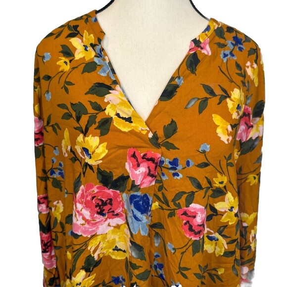 Old Navy FLORAL Print Long Sleeve Popover Rayon Blouse Gold Blue Sz XXL NEW - Picture 2 of 11